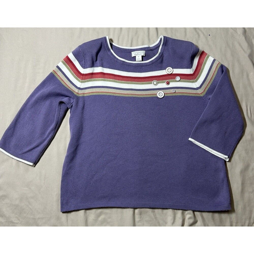 Chic Women’s XL Striped Sweater – 3/4 Sleeve Button Detail Christopher & Banks